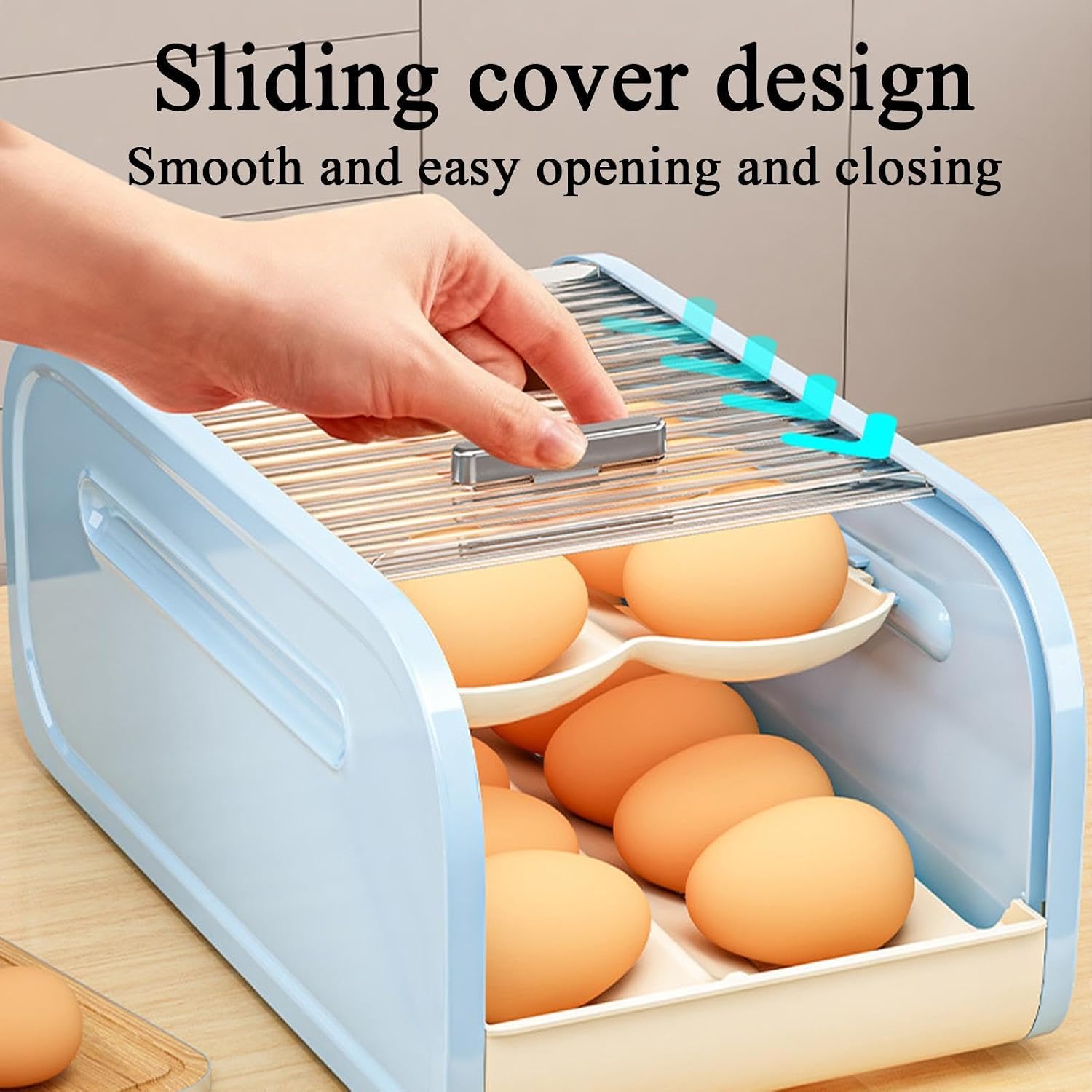 Egg Storage Box – PP 32x17x14cm Two Tier 20 Egg Capacity | utomatic Rolling Pull Out Refrigerator Organizer with Lid | Large Capacity Egg Holder | for Kitchen Fridge Food Storage