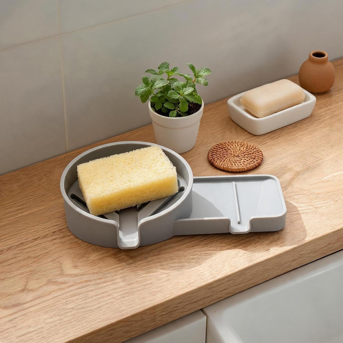 Sponge Holder for Sink Non-Slip Self-Draining Silicone Storage Tray | Kitchen Sink Dish Soap Holder for Utensil Drain Organizer Counter Cleaning Home Apartment Shower