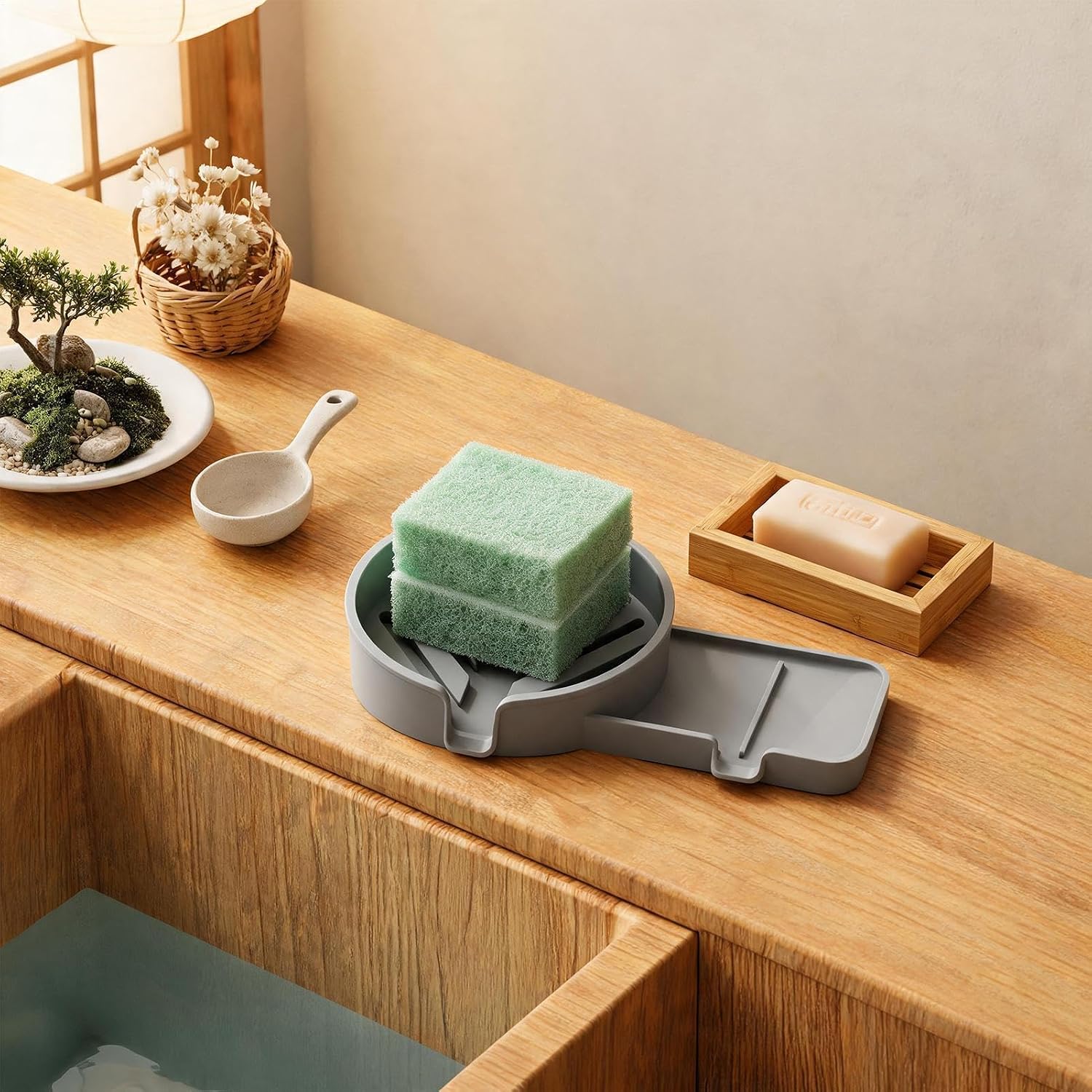 Sponge Holder for Sink Non-Slip Self-Draining Silicone Storage Tray | Kitchen Sink Dish Soap Holder for Utensil Drain Organizer Counter Cleaning Home Apartment Shower