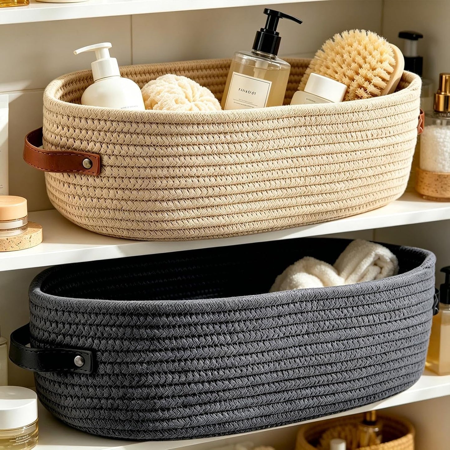 Woven Baskets for Storage - 2 Pieces Large Decorative Bins with Handles | Bathroom Storage Basket for Towels Paper Diapers Toys Home Nursery Bedroom Living Room Kitchen Shelves