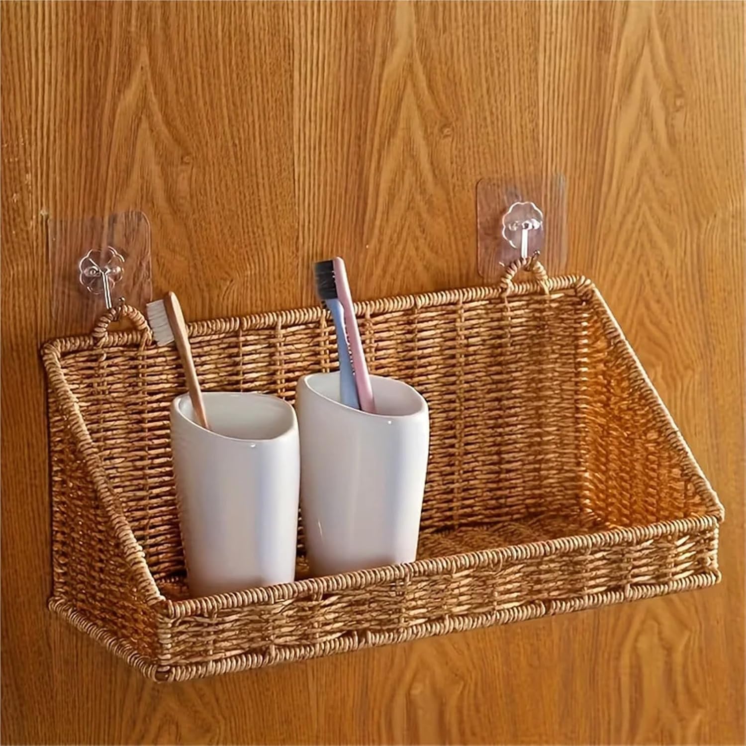 Woven Rattan Wall Storage Baskets | Adhesive Hook Hanging Shelves For Bathroom/Kitchen Organization Für Aufbewahrung(S)