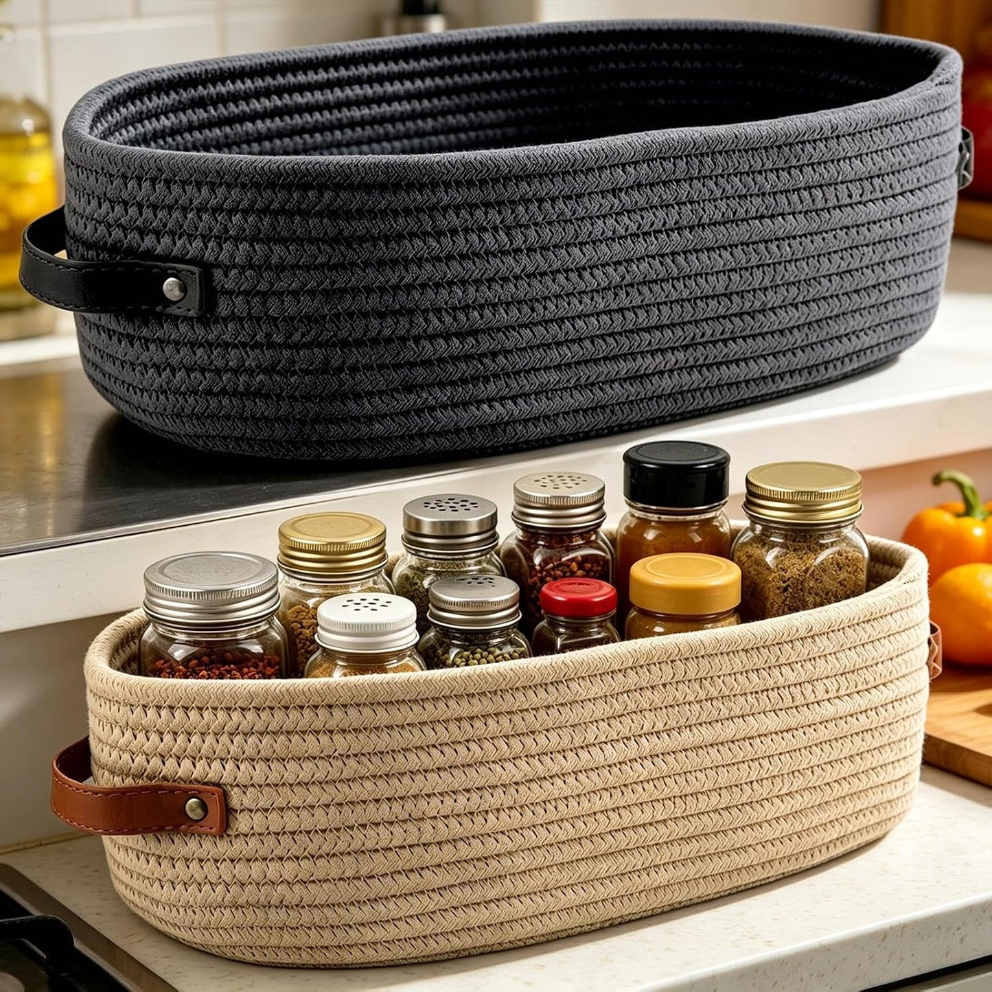 Woven Baskets for Storage - 2 Pieces Large Decorative Bins with Handles | Bathroom Storage Basket for Towels Paper Diapers Toys Home Nursery Bedroom Living Room Kitchen Shelves